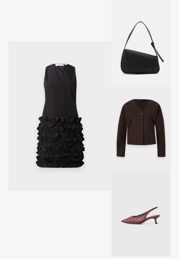 Veste courte marron foncé à manches longues, col en V, avec deux boutons noirs sur le devant, présentée sur un fond clair.; Robe noire sans manches avec un décolleté en V et un design à fronces au niveau de la taille, avec un haut lisse contrastant et un bas texturé.; Chaussure violette à talon kitten slingback avec bout pointu et empeigne en mesh ornée de petites perles.; Sac à main en cuir noir de forme triangulaire, avec un rabat incliné et une poignée supérieure arrondie. Il présente une texture lisse et des détails de design minimalistes.