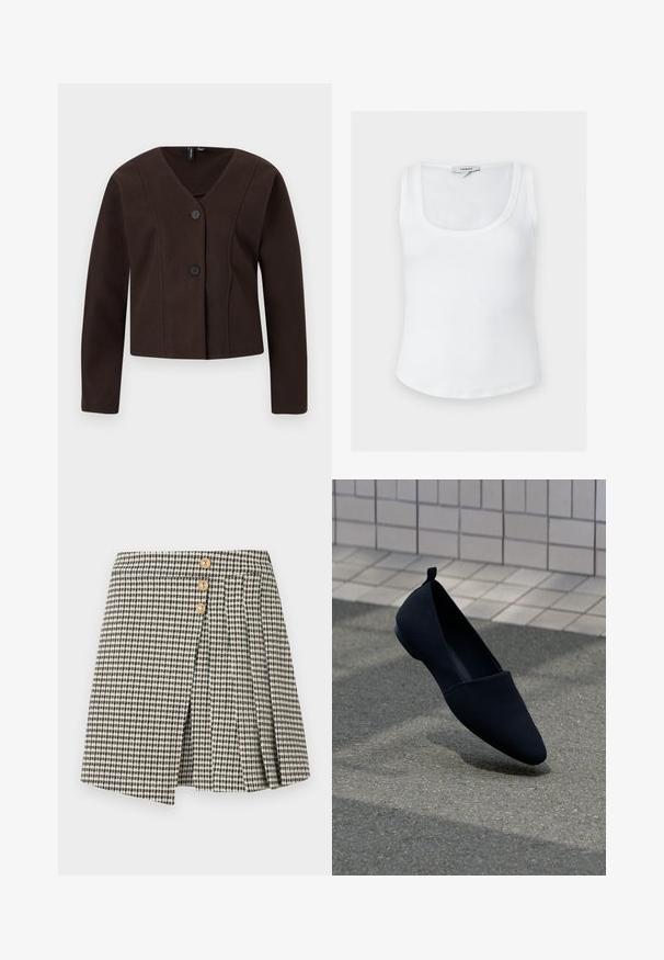 Veste courte marron foncé à manches longues, col en V, avec deux boutons noirs sur le devant, présentée sur un fond clair.; Débardeur blanc côtelé sans manches avec encolure dégagée et étiquette Topshop à l'arrière du col intérieur, présenté sur un fond uni.; Jupe à carreaux noire et blanche avec trois boutons dorés, présentant un design plissé et une fente à l'avant. Texture de tissu doux.; Chaussure plate noire avec un bout pointu, texture lisse et design minimaliste. Dotée d'un petit talon et d'une languette à l'arrière.
