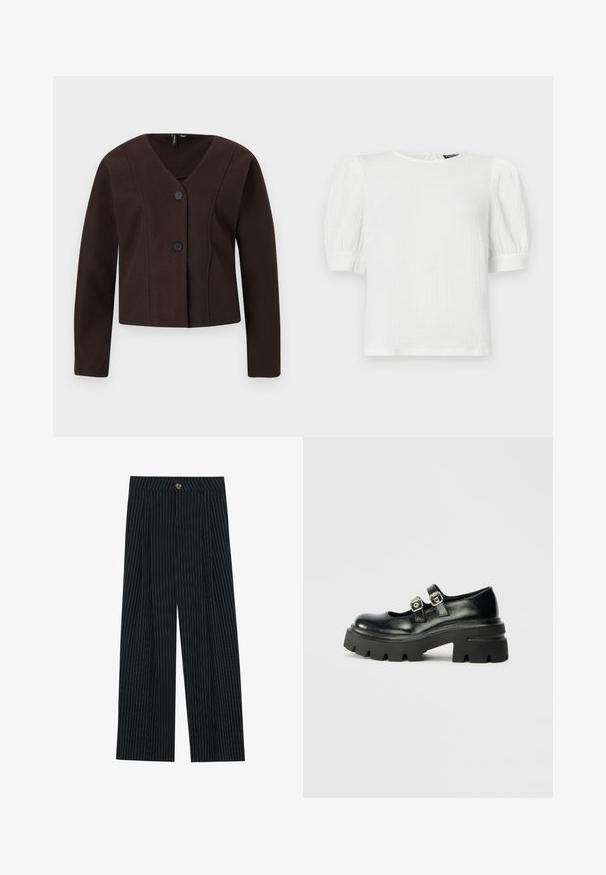 Chaqueta corta de color marrón oscuro con mangas largas, escote en V y dos botones negros en la parte delantera, exhibida sobre un fondo claro.; Top blanco texturizado de manga corta con cuello redondo, con mangas abullonadas y un diseño sutilmente arrugado.; Pantalones de pierna ancha a rayas negras, fabricados con una tela texturizada, que cuentan con un cierre frontal de botón y un diseño plisado para mayor interés.; Zapatos de plataforma de cuero negro con puntera redondeada, dos acentos de hebilla metálica y una suela gruesa y texturizada negra.