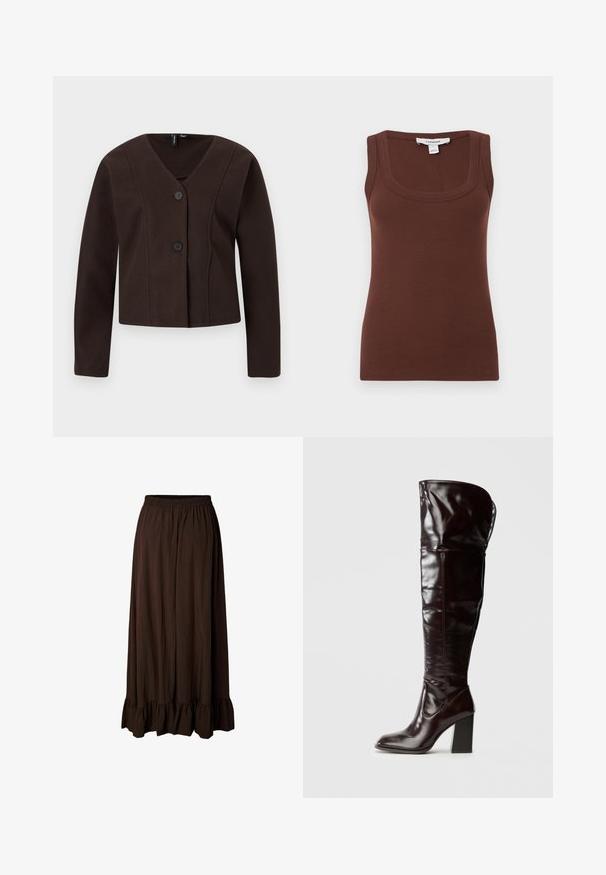 Veste courte marron foncé à manches longues, col en V, avec deux boutons noirs sur le devant, présentée sur un fond clair.; Débardeur marron côtelé sans manches avec encolure carrée et étiquette Topshop, taille petite, sur fond uni gris clair.; Jupe longue marron foncé avec taille élastique et ourlet à volants, en tissu léger légèrement texturé.; Bottes en cuir bordeaux glacé montant jusqu'au genou, avec un bout carré et un talon bloc, présentant un design ample et des détails de couture minimalistes.