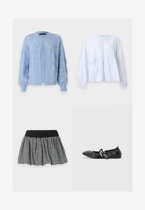 Lyseblå strikket cardigan med diamantmønster, lange puffede ærmer, ribstrikkede manchetter og enkelt knaplukning ved halsudskæringen.; Langærmet lyseblå og hvide vertikale stribet bluse med V-hals, knaplukning foran og dekorative paneler med blonder foran.; Stribet sort og hvid nederdel med et samlet design og elastisk talje, lavet af blødt materiale. Har en udvidet form for fylde.; Sorte læder flade sko med spids tå, samling detaljer omkring åbningen, og en sølv spænde accent på den justerbare rem.