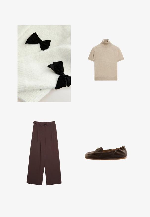 Tissu blanc texturé avec deux nœuds en velours noir. Les nœuds sont positionnés de manière asymétrique sur le matériau, ajoutant un contraste à la surface douce.; Top en maille beige à manches courtes avec un col roulé haut, design uni et bords côtelés au niveau du col et de l'ourlet.; Stradivarius SMART WIDE-LEG WITH BUCKLE DETAIL - Pantalon classique - dark brown; Mocassin plat en cuir marron foncé avec bout arrondi, bride décorative et détail boucle en métal doré sur le dessus.