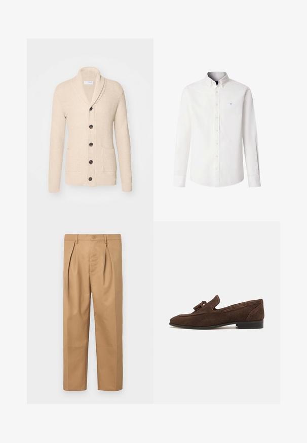 Beige strikket cardigan med sjalskrave, fem mørke knapper, tekstureret stof og to forlommer. Lange ærmer med ribbede manchetter.; Hvid langærmet skjorte med knapper og knappet krave samt lille blåt logo med krydsede padler på venstre bryst.; Beige bomuldsbukser med afslappet pasform, plisseret design, talje med knaplukning og lige ben. Glat tekstur uden mønstre.; Brune ruskinds loafers med en lav hæl, der har en dekorativ frynse og syede detaljer langs siderne. Glat overflade og forfinet form.