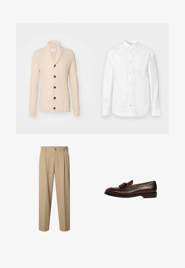 Cárdigan de punto beige con cuello de chal, cinco botones oscuros, tejido texturizado y dos bolsillos frontales. Mangas largas con puños acanalados.; Camiseta blanca de manga larga hecha de algodón. Presenta un cuello abotonado, bolsillo delantero y textura sutil. Dobladillo recto con cierres de botones.; Pantalones beige a medida con pinzas delanteras, trabillas para cinturón, cierre de botón y diseño de pierna recta.; Mocasín de cuero marrón oscuro con borlas, tacón bajo y detalles cosidos a lo largo de los lados y la parte superior, mostrado desde el perfil lateral exterior.