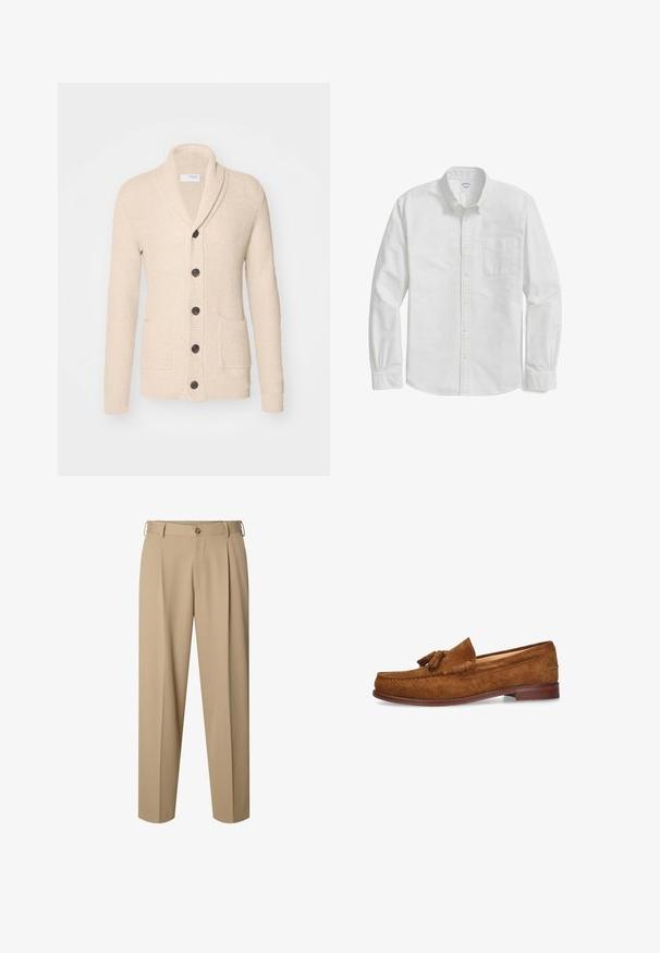 Beige gebreide cardigan met sjaalkraag, vijf donkere knopen, een gestructureerde stof en twee voorzakken. Lange mouwen met ribbels aan de manchetten.; Witte lange mouwen overhemd met knopen, gemaakt van katoen, met een zak op de linkerkant van de borst, een afgeronde zoom en met knopen sluitende manchet.; Beige op maat gemaakte broek met voorplooien, riemlussen, knoopsluiting en rechte pijpen.; Bruine suède herensloffen met kwastjes, gestikte mocassin-neus en lage houten hak, zijaanzicht op witte achtergrond.