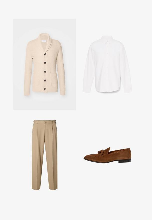 Beige gebreide cardigan met sjaalkraag, vijf donkere knopen, een gestructureerde stof en twee voorzakken. Lange mouwen met ribbels aan de manchetten.; Witte lange mouwen overhemd met knopen en een puntige kraag, enkele zak en subtiele textuurstof. Heeft knoopmanchetten en een rechte zoom.; Beige op maat gemaakte broek met voorplooien, riemlussen, knoopsluiting en rechte pijpen.; Bruine suède herenloafer met kwastjes, lage zwarte hak, ronde neus en gestikte details langs het bovenwerk.