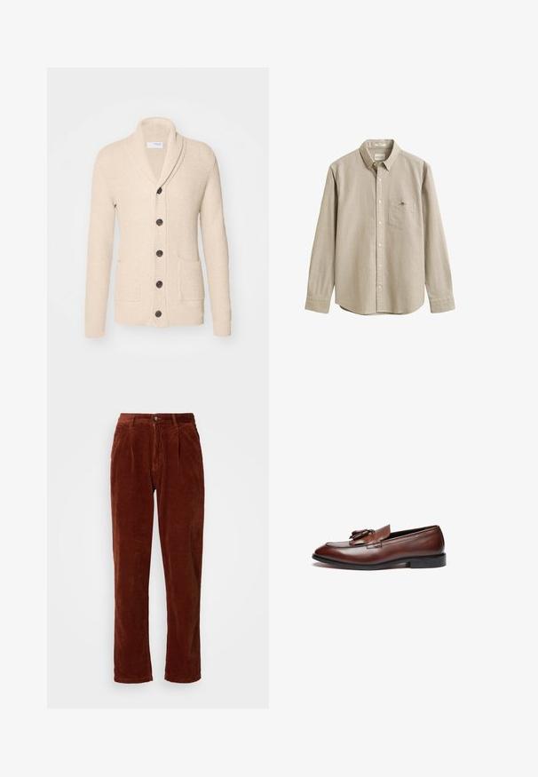 Gilet tricoté beige avec col châle, cinq boutons noirs, tissu texturé et deux poches avant. Manches longues avec poignets côtelés.; Chemise beige à manches longues, boutonnée, avec col, poche poitrine et petit logo brodé sur la poche. La chemise est présentée sur un fond uni.; Pantalons en velours côtelé d'une riche couleur marron ; avec un devant plissé, des jambes droites et une fermeture à bouton à la taille.; Mocassins en cuir marron avec une finition lisse, des franges décoratives, un bout arrondi et une semelle en caoutchouc noir basse.