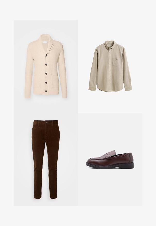 Beige strikket cardigan med sjalskrave, fem mørke knapper, tekstureret stof og to forlommer. Lange ærmer med ribbede manchetter.; Beige langærmet skjorte med krave, brystlomme og lille broderet logo på lommen. Skjorten vises på en ensfarvet baggrund.; Brune cordfløjlsbukser med lige ben, der har en knaplukning og subtil lodret ribbe-textur.; Brun læderloafer med sort sål og syninger vist i sideprofil mod hvid baggrund.