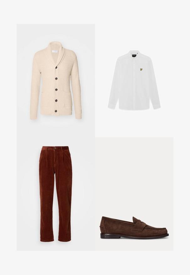 Beige gebreide cardigan met sjaalkraag, vijf donkere knopen, een gestructureerde stof en twee voorzakken. Lange mouwen met ribbels aan de manchetten.; Wit overhemd met lange mouwen, knopen en een opgevouwen kraag, met een klein geel vogel-logo aan de linkerkant van de borst.; Katoenen corduroy broek in een rijke bruine kleur; heeft een geplooide voorkant, rechte pijpen en een knoopsluiting bij de taille.; Bruine suède penny loafer met lage hak en zichtbare stiksels langs de neus, zijkant en achterkant, weergegeven op een effen lichte achtergrond.