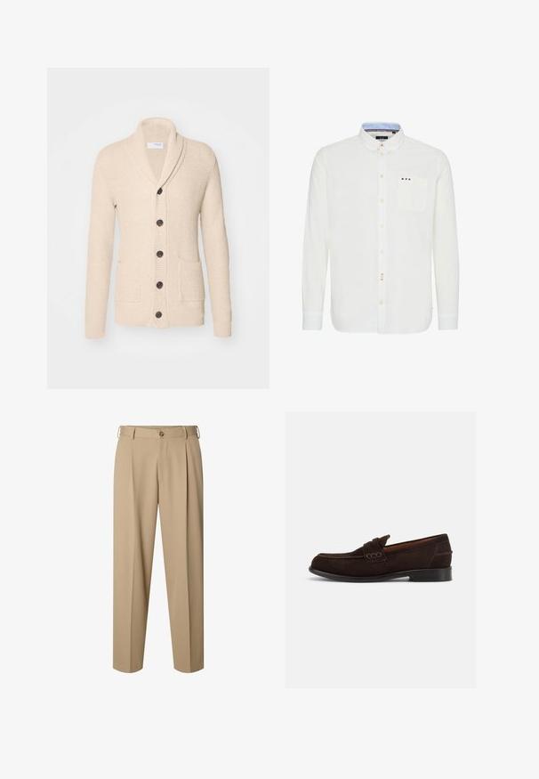 Beige gestrickte Strickjacke mit Schalkragen, fünf dunklen Knöpfen, strukturiertem Stoff und zwei vorderen Taschen. Lange Ärmel mit gerippten Bündchen.; Weißes Langarmhemd mit Button-Down-Kragen. Verfügt über eine Brusttasche und farbige Streifenakzente in der Nähe der Tasche und der Knopfleiste. Glatte Textur.; Beige maßgeschneiderte Hose mit vorderen Falten, Gürtelschlaufen, Knopfverschluss und geradem Bein.; Dunkelbrauner Wildleder-Herrenschuh mit dekorativer Naht und niedrigem Absatz, von der Außenseite auf hellem, einfarbigem Hintergrund dargestellt.