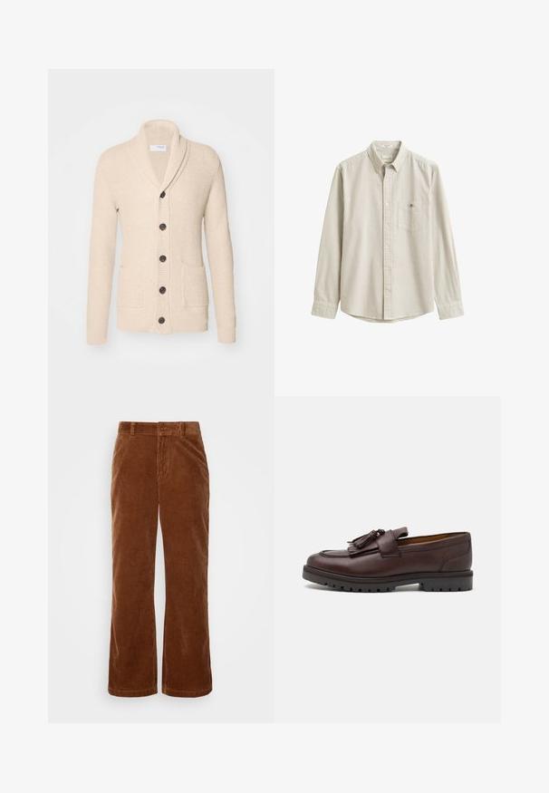 Gilet tricoté beige avec col châle, cinq boutons noirs, tissu texturé et deux poches avant. Manches longues avec poignets côtelés.; Chemise beige et blanche à rayures verticales, à manches longues, boutonnée, avec col et poche poitrine, présentée à plat sans personne.; Pantalons en velours côtelé marron avec une coupe évasée, présentant une texture rayée verticale, une fermeture à bouton et des passants de ceinture standard.; Zign by Zalando Mocassins de ville - brown