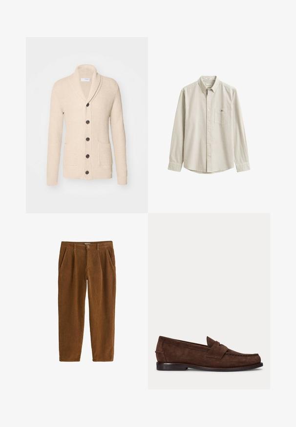 Cárdigan de punto beige con cuello de chal, cinco botones oscuros, tejido texturizado y dos bolsillos frontales. Mangas largas con puños acanalados.; Camisa beige y blanca de rayas verticales, de manga larga, con botones, cuello y bolsillo en el pecho, presentada plana sin persona.; Pantalones de pana marrones con corte recto, que presentan pliegues frontales, bolsillos en ángulo y un cierre de un solo botón en la cintura.; Zapato tipo loafer de ante marrón con tacón bajo y costuras visibles en la punta, el lateral y la parte trasera, mostrado sobre un fondo claro y liso.