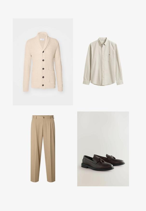 Beige gestrickte Strickjacke mit Schalkragen, fünf dunklen Knöpfen, strukturiertem Stoff und zwei vorderen Taschen. Lange Ärmel mit gerippten Bündchen.; Beige-weiß vertikal gestreiftes Langarmhemd mit Kragen und Brusttasche, flach ausgelegt ohne Person.; Beige maßgeschneiderte Hose mit vorderen Falten, Gürtelschlaufen, Knopfverschluss und geradem Bein.; Braune Lederlofer mit einer flachen schwarzen Sohle, ausgestattet mit einem dekorativen Frontriemen und Quasten. Glatte Textur mit dezenten Nähdetails.