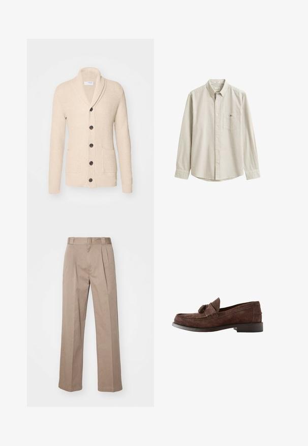 Beige strikket cardigan med sjalskrave, fem mørke knapper, tekstureret stof og to forlommer. Lange ærmer med ribbede manchetter.; Beige og hvid lodretstribet langærmet skjorte med krave og brystlomme, vist fladt uden person.; Beige, høj talje bukser med bred ben-design. Har to forreste plisseringer og en glat tekstur. Standard længde med en ren finish.; Brun loafer til mænd i ruskind med kvastdetalje og lav, stablet hæl, sideudsigt på hvid baggrund.