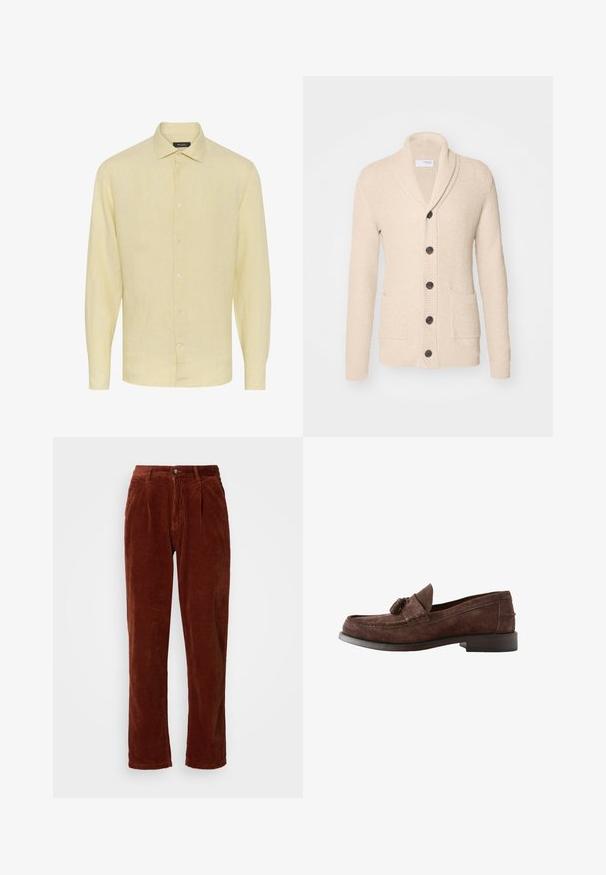 Beige strikket cardigan med sjalskrave, fem mørke knapper, tekstureret stof og to forlommer. Lange ærmer med ribbede manchetter.; Lys gul linned skjorte med lange ærmer og kravehalsudskæring samt knaplukning foran. Har et struktureret stof og lige kant.; Corduroybukser i en rig brun farve; har en plisseret front, lige ben og en knaplukning ved taljen.; Brun loafer til mænd i ruskind med kvastdetalje og lav, stablet hæl, sideudsigt på hvid baggrund.