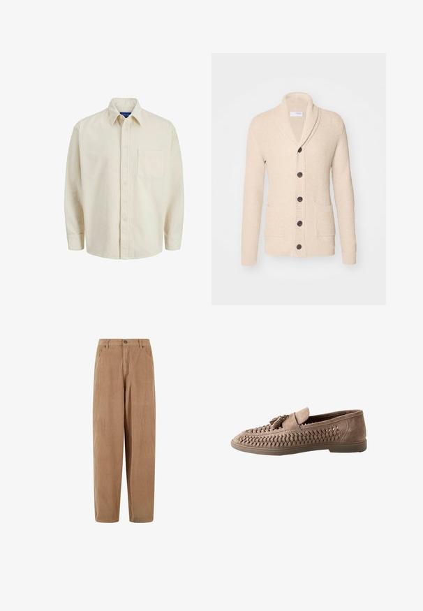 Beige strikket cardigan med sjalskrave, fem mørke knapper, tekstureret stof og to forlommer. Lange ærmer med ribbede manchetter.; Beige corduroy skjorte med knaplukning foran, krave, lange ærmer og en enkelt brystlomme. Har smalle lodrette striber.; Kamelsnore bukser i lys brun med lige ben-design, med knaplukning og sidelommer, struktureret ribbet overflade.; Lysebrun ruskind loafer med fletvævet overdel og duskedetalje på toppen, flad gummisål og slip-on stil.