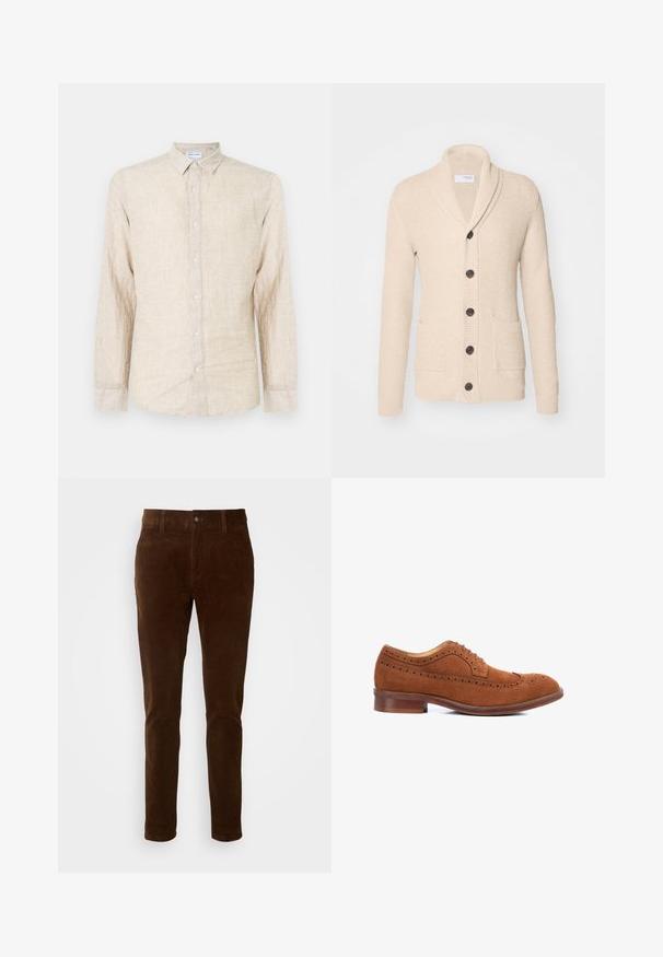 Cárdigan de punto beige con cuello de chal, cinco botones oscuros, tejido texturizado y dos bolsillos frontales. Mangas largas con puños acanalados.; Camisa de manga larga beige hecha de tela texturizada, con un cuello clásico, cierre de botones y un corte relajado.; Pantalones de pana marrones con un diseño de pierna recta, que cuentan con un cierre de botón y una sutil textura de costillas verticales.; Zapato oxford de ante marrón con detalles en punta de ala, puntera redonda y suela de cuero marrón. Presenta acentos perforados a lo largo de la parte superior.