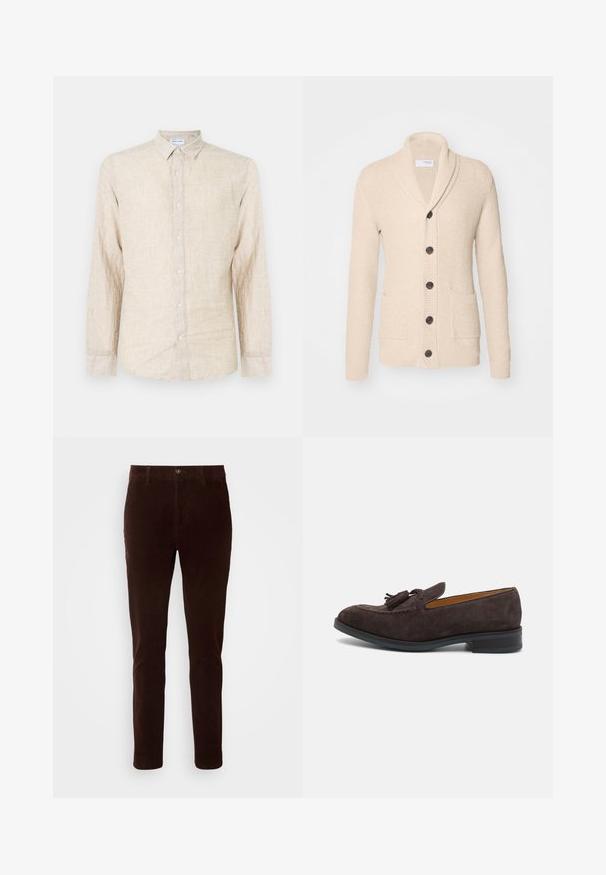 Beige strikket cardigan med sjalskrave, fem mørke knapper, tekstureret stof og to forlommer. Lange ærmer med ribbede manchetter.; Beige langærmet skjorte lavet af struktureret stof, med en klassisk krave, knaplukning og en afslappet pasform.; Brune corduroy bukser med lige pasform, der har en standard talje, knaplukning og subtil lodret ribbet tekstur.; Paul Smith LAWSON - Loafers - brown