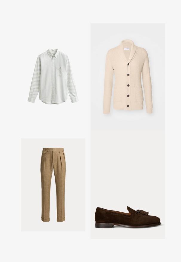 Gilet tricoté beige avec col châle, cinq boutons noirs, tissu texturé et deux poches avant. Manches longues avec poignets côtelés.; Chemise blanche à manches longues avec fines rayures verticales grises et bleu clair, col boutonné, et poche poitrine avec petite broderie de logo.; Pantalon marron à carreaux taille haute avec plis, poches latérales, patte latérale boutonnée, ourlets retroussés et jambes droites sur mesure.; Mocassin homme en daim marron foncé avec pompons et petit talon empilé sur fond clair uni.