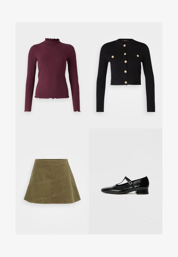 Sort crop cardigan med lange ærmer, med dekorative guldknapper og to forlommer. Lavet af et blødt, tekstureret stof.; Ribstrikket, langærmet, mørkelilla sweater med falsk flæsekrave og matchende flæsekanter på ærmer og kant.; Oliven grøn kordfløjlsnederdel, A-formet, tekstureret stof, med en glat talje og sømdetaljer.; Sorte Mary Jane-sko i læder med spids tå, lille blokhæl og justerbar rem med sølvspænde. Glat, blank tekstur.