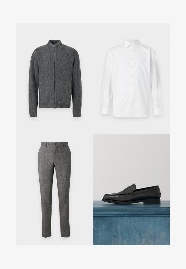 Dunkelgrauer Pullover mit Reißverschluss und hohem Kragen. Verfügt über ein strukturiertes Strickmuster sowie gerippte Bündchen und Saum. Hergestellt aus dickem, warmem Material.; Weißes langärmeliges Hemd mit Knopfleiste, verbreitetem Kragen und geknöpften Manschetten, auf weißem Hintergrund dargestellt.; Lindbergh PANTS - Stoffhose - brown; Schwarze Leder-Loafer mit schlankem Design, ausgestattet mit einer abgesteppten Zehe und einer glatten Oberfläche. Der Schuh verfügt über einen flachen Absatz und minimale Verzierungen.
