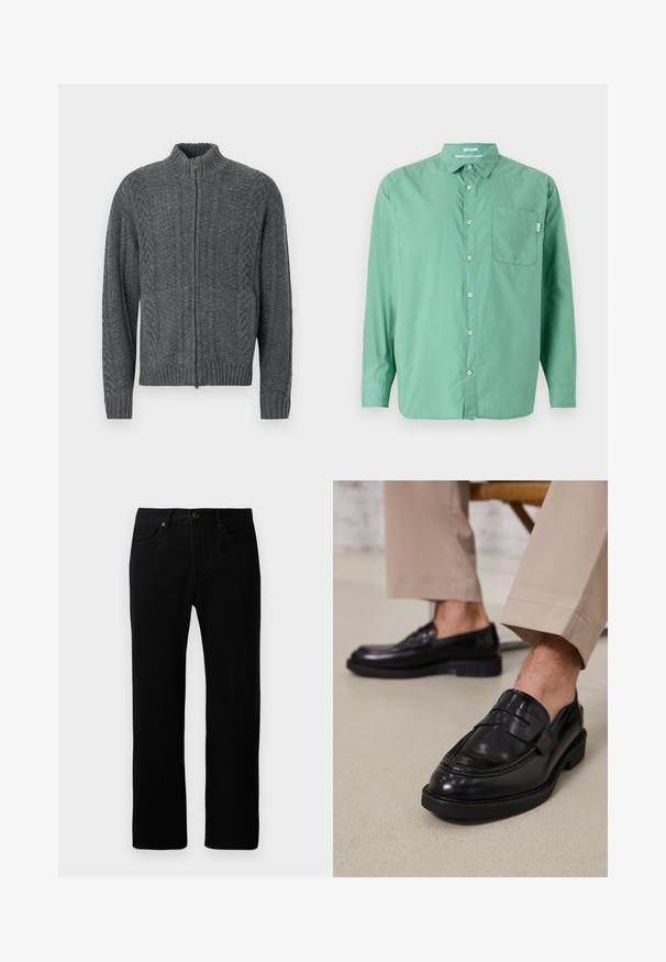 Pull gris foncé à fermeture éclair avec col montant. Présente un motif en tricot texturé et des poignets et un ourlet côtelés. Confectionné dans un matériau épais et chaud.; Chemise verte à boutons, manches longues, en coton, avec une poche poitrine unique, coupe décontractée, texture subtile et col classique.; Jean en denim noir avec une coupe droite, cinq poches, fermeture à bouton sur le devant et détails de couture subtils.; Mocassins en cuir noir avec une finition lisse, ornés d'une sangle décorative et de coutures contrastées, associés à un pantalon beige.