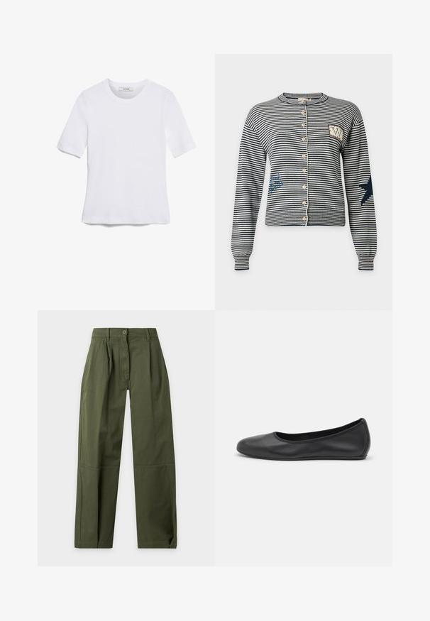 Cárdigan de manga larga con rayas navy y blancas, con botones delanteros, detalle de parche en el pecho, diseño azul cosido en el lateral y silueta de pájaro en la manga.; Camiseta de manga corta blanca hecha de tela de canalé. Cuello redondo, corte regular y detalles de costura sutiles. Sin patrones ni gráficos.; Pantalones verde oliva de talle alto y pernera recta con trabillas para el cinturón, cierre de botones, pliegues delanteros y detalles de costuras en la rodilla.; Bailarina de piel negra con punta redondeada, textura suave, detalle de costura minimalista y diseño de suela flexible.