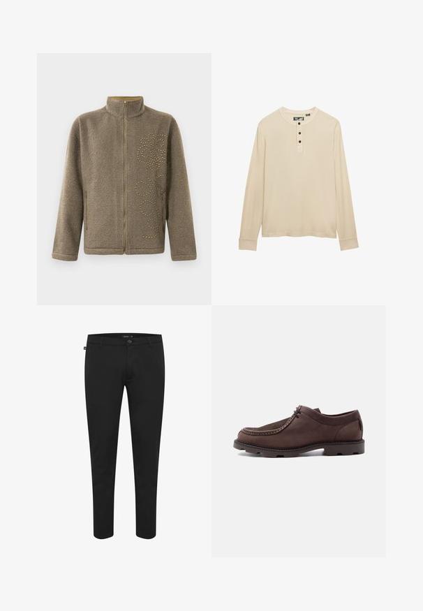 Chaqueta de forro polar en marrón, con un cuello alto, cierre de cremallera y remaches dorados decorativos en un patrón en espiral en un lado.; Camisa henley beige de manga larga con tres botones oscuros en la tapeta y cuello redondo.; Pantalones negros de tela suave. Cuentan con un cierre de botón, pasadores para cinturón y un diseño ajustado con perneras estrechas. Sin patrones visibles.; Zapato marrón de cuero con cordones, suela gruesa con dibujo y costura moc toe sobre fondo claro y liso.