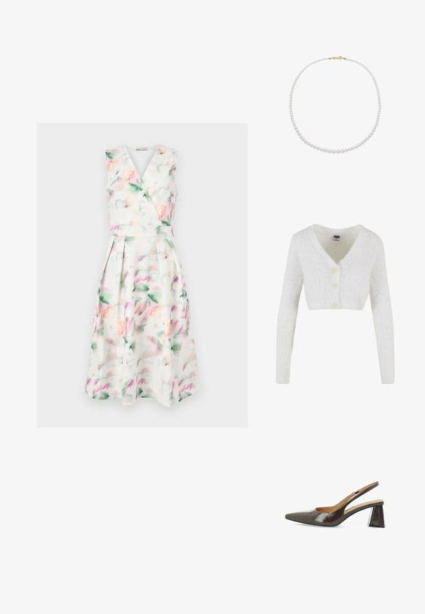 Cardigan court blanc en matière moelleuse avec un col en V, des manches longues et trois boutons à l'avant. Design simple et texturé.; Robe midi blanche sans manches avec imprimé floral aquarelle pastel, corsage cache-cœur en V, taille cintrée et jupe plissée.; Escarpins à talons hauts avec bride arrière en cuir verni marron foncé brillant, bout pointu, côtés découpés et talon carré.; Collier de perles composé de perles blanches rondes enfilées avec un fermoir en or, présentant une texture lisse et une taille uniforme.