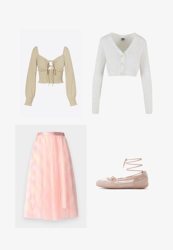 Hvid cropped cardigan lavet af fluffy materiale med v-hals, lange ærmer og tre frontknapper. Enkel og tekstureret design.; Lysebeige cropped top i glat stof; har lange, puffede ærmer, ét sammentrukket bryst med bindefront og smockdetalje ved taljen.; Ida Sjöstedt FLAWLESS SKIRT - A-snit nederdel - pink; Lyserøde ballerina flats i læder med rundet tå, snørelukning ved anklerne og en glat tekstur. Letvægtsdesign med minimale syninger.