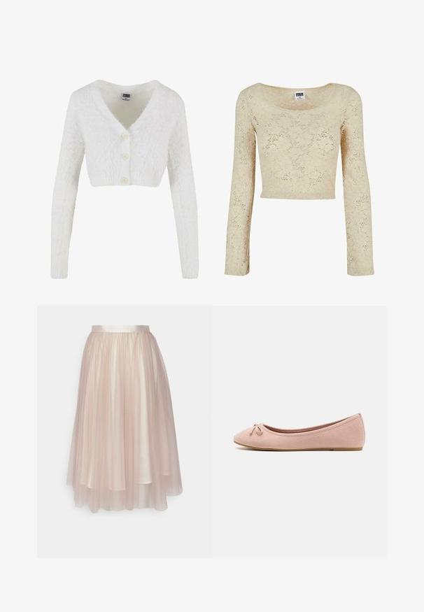 Witte cropped cardigan van pluizig materiaal met een v-hals, lange mouwen en drie knopen aan de voorkant. Eenvoudig en gestructureerd ontwerp.; Crème kant lange mouwen crop top met een ronde halslijn. Kenmerkend bloemenpatroon door de stof, met een lichte en delicate textuur.; Ida Sjöstedt FLAWLESS SKIRT - A-lijn rok - warm beige; Ballet flats van zacht rozenhuid-suède met een ronde neus en een klein strikdetail aan de voorkant, met een lage platte zool.