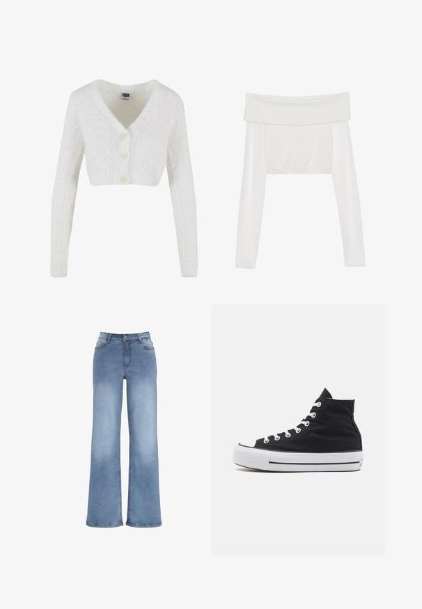 Witte cropped cardigan van pluizig materiaal met een v-hals, lange mouwen en drie knopen aan de voorkant. Eenvoudig en gestructureerd ontwerp.; Witte off-the-shoulder cropped top met lange mouwen, geribbelde textuur op het bovenlijf, gladde mouwen en een elastische band aan de onderkant.; Lichtblauwe wijde spijkerbroek van denim. Voorzien van een knoopsluiting, vijf zakken en stiksels. Gladde textuur met een lichte vervaging.; Zwart hoge canvas sneakers met een witte rubberen neus, witte veters en een textuur op het zwarte bovenwerk. Zwart-witte gestreepte tussenzool.