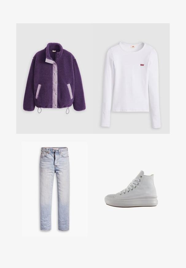 Paars fleecejack met een hoge kraag, drukknoopsluitingen, contrasterende lila zakken en een trekkoord aan de zoom voor een verstelbare pasvorm.; Wit Levi's shirt met lange mouwen, ronde hals en klein rood Levi's-logo op de linkerborst, afgebeeld op een effen achtergrond.; Lichtblauwe denim jeans met een straight leg ontwerp, voorzien van een knoopgulp, vijf zakken en subtiele vervaging langs de benen.; Witte hoge canvas sneaker met witte veters, metalen oogjes, dikke rubberen zool en gestructureerde neuskap, naar links gericht op een witte achtergrond.