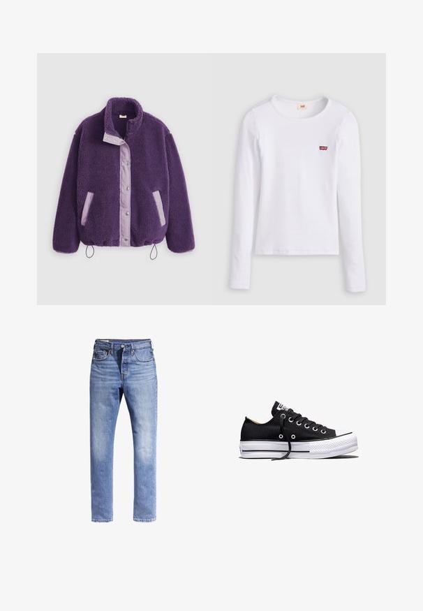 Lilla fleecejakke med høj krave, trykknapper, kontrasterende lavendelfarvede lommer og snøre i kanten for justerbar pasform.; Hvid Levi's langærmet skjorte med rund halsudskæring og lille rødt Levi's-logo på venstre bryst, vist på en ensfarvet baggrund.; Lysblå denimjeans med lige ben-design, fem lommer og kontrastsyninger. Stoffet ser let slidstært ud.; Sort lavt sneakers i lærred med hvid sål i gummi, sorte snørebånd og metaløjer på hvid baggrund.