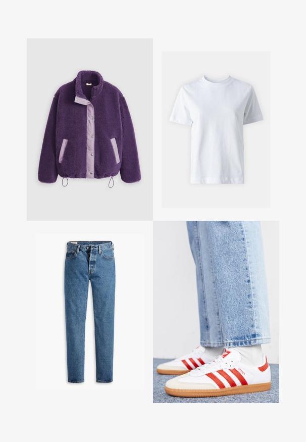 Paars fleecejack met een hoge kraag, drukknoopsluitingen, contrasterende lila zakken en een trekkoord aan de zoom voor een verstelbare pasvorm.; Witte katoen t-shirt met een ronde hals, korte mouwen, een rechte snit en een gladde textuur. Geen patronen of versieringen.; Lichtblauwe spijkerbroek met een rechte snit, vijf zakken en een standaard knoopsluiting. Heeft oranje stiksels en een licht vervaagde textuur.; Witte leren sneakers met rode strepen en accenten. Voorzien van een getextureerde gumrubberen outsole en een gevoerde kraag. Draag ze met lichtblauwe denim.