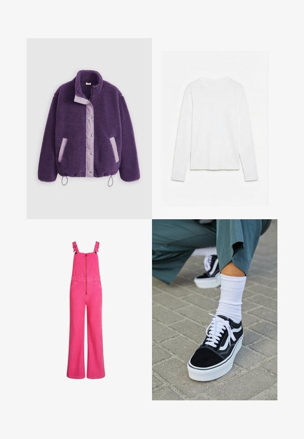 Veste en polaire violette avec un col montant, des fermetures à pression, des poches lilas contrastantes et un cordon de serrage à l'ourlet pour un ajustement personnalisé.; T-shirt blanc uni à manches longues et col rond, posé à plat sur une surface blanche, montrant l'avant et la longueur complète des manches.; Salopette en velours côtelé rose vif à jambes larges avec bretelles réglables, fermeture éclair frontale et poches latérales, présentée sur un fond blanc.; Baskets en suède noir avec des accents et des lacets blancs, présentant une épaisse semelle blanche et des coutures contrastantes, associées à une chaussette blanche.