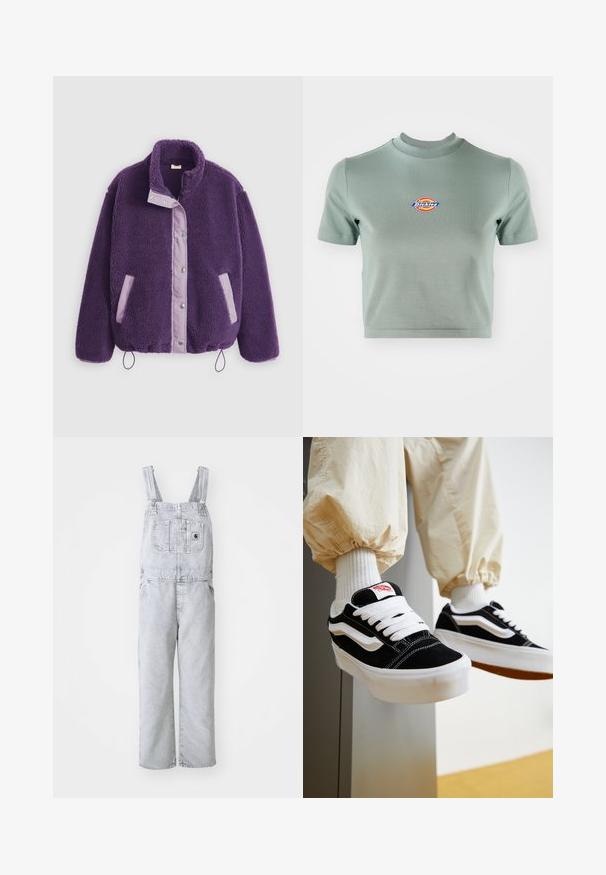 Paars fleecejack met een hoge kraag, drukknoopsluitingen, contrasterende lila zakken en een trekkoord aan de zoom voor een verstelbare pasvorm.; Korte, cropped shirt met korte mouwen in gedempt groen katoen. Heeft een ronde halslijn en een kleurrijk "Dickies" logo op de borst.; Grijze denim overall met verstelbare schouderbanden, een voorvak en zijvakken; losse, rechte pasvorm; vervaagde wassing met minimale textuur.; Persoon die zwart-witte Vans sneakers draagt met witte veters, witte sokken en beige broek met elastische manchetten.