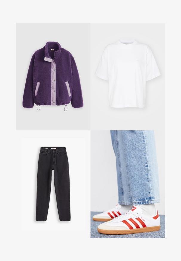 Paars fleecejack met een hoge kraag, drukknoopsluitingen, contrasterende lila zakken en een trekkoord aan de zoom voor een verstelbare pasvorm.; Witte katoenen t-shirt met een ronde hals, korte mouwen en een ontspannen pasvorm. Heeft een subtiel logo op het linkerborstgedeelte. Zachte textuur.; Zwarte denim jeans met een straight-leg ontwerp, voorzien van vijf zakken, sluiting met een knoop aan de voorkant en gestikte details langs de naden.; Witte leren sneakers met rode strepen en accenten. Voorzien van een getextureerde gumrubberen outsole en een gevoerde kraag. Draag ze met lichtblauwe denim.
