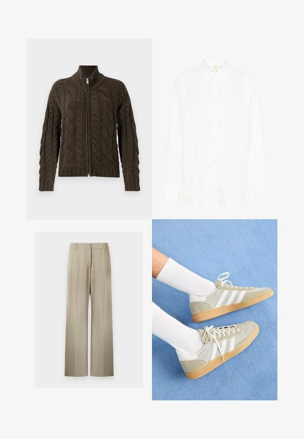 Cable-knit zip-up cardigan i mørke olivengrøn. Har en ribbet krave, tekstureret mønster og en sølvfarvet lynlåslukning.; Hvid langærmet skjorte med knapper, klassisk krave og almindelig pasform. Fremstillet af glat stof med otte knapper ned foran.; Bredde benbukser i blød beige stof, med en flad front, beltdusk og en glat tekstur. Standard talje med ingen synlige mønstre.; Lys grå ruskinds sneakers med hvide gummidetaljer, der har tre hvide striber og en gummisål, båret med hvide sokker på en blå baggrund.