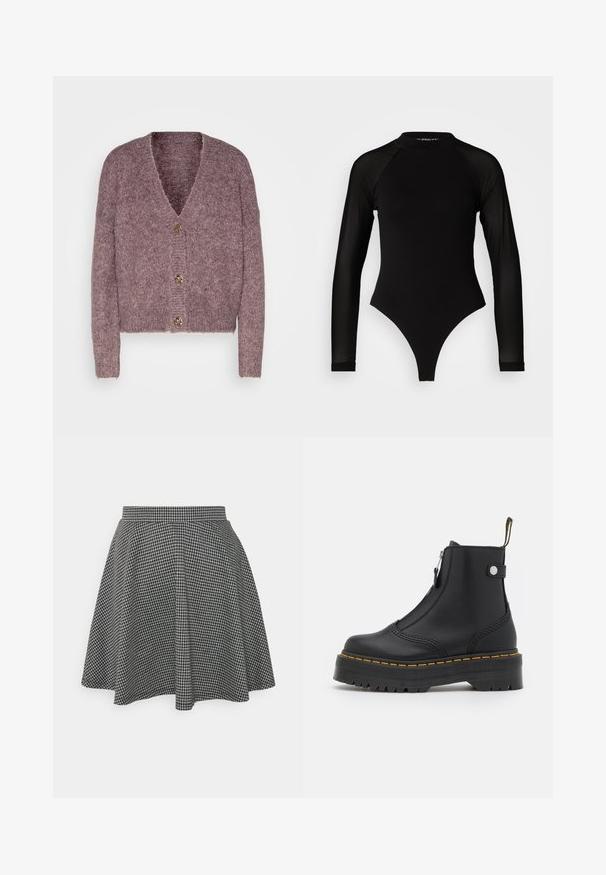 ONLY ONYZOEY CARDIGAN - Vest - port royale melange; Zwart langemouwen bodysuit met hoge hals, met een ondoorzichtige stof op het lichaam en transparante mouwtjes, ontworpen in een fitted model.; Zwart-witte geblokte skaterrok met een strakke tailleband en een uitlopende zoom, gemaakt van textuurstof die een klassiek patroon toont.; Zwarte enkellaars van soepel leer, met een zijrits, gele stiknaden en een dikke, gegroefde rubberen zool.