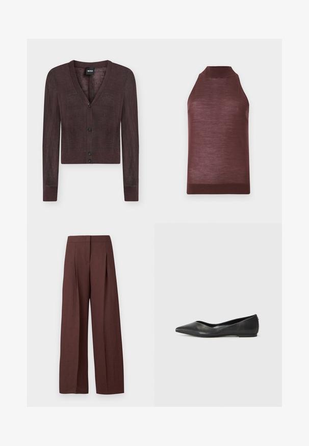 Donkerbruine cropped cardigan met lange mouwen, V-hals en vier zwarte knopen aan de voorkant, met BOSS-label aan de binnenkant van de kraag.; Mouwloos bruin gebreid topje met hoge kraag en geribde zoom, getoond op een effen lichte achtergrond.; Bruine broek met hoge taille en wijde pijpen, voorzien van plooien aan de voorkant en een verborgen sluiting, weergegeven op een effen witte achtergrond.; Zwarte leren ballerina met een spitse neus, lage hak en een gladde structuur. Minimalistisch ontwerp met een subtiele zijaccent.