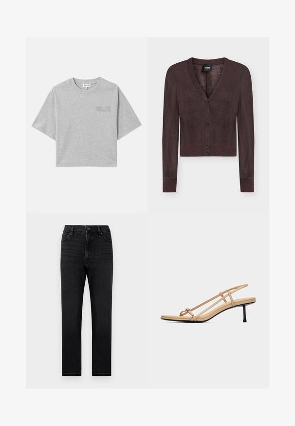 Donkerbruine cropped cardigan met lange mouwen, V-hals en vier zwarte knopen aan de voorkant, met BOSS-label aan de binnenkant van de kraag.; Grijze cropped t-shirt met korte mouwen, gemaakt van zachte katoen. Heeft een subtiele reliëflogo aan de voorkant en een ronde halslijn.; Zwarte denim jeans met een rechte snit, hoge taille en een klassiek vijf-pocket ontwerp. Met riemlussen en een ritsluiting.; Beige sandalen met dunne teenlus, twee zijbandjes, riempje om de hiel, gevoerd voetbed en een slanke zwarte hak van middelhoge hoogte.