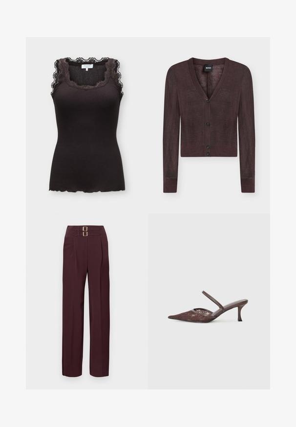 Cardigan court marron foncé à manches longues, col en V, avec quatre boutons noirs sur le devant, étiquette BOSS à l'intérieur du col.; Top sans manches noir en maille côtelée avec bordure en dentelle autour du col et des épaules, doté d'un ourlet festonné et d'une étiquette de marque Rosemunde.; Pantalon taille haute de couleur bordeaux foncé avec deux sangles à boucle dorée en haut et une coupe droite.; Chaussure à bride arrière en dentelle marron avec un bout pointu et une fine sangle, présentant un motif floral subtil et un talon aiguille étroit.