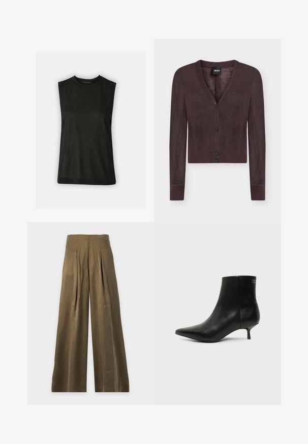 Mørkebrun cropped cardigan med lange ærmer, V-hals og fire sorte knapper ned foran, mærket BOSS på indersiden af kraven.; Sort, ærmeløs top lavet af blødt stof med en rund halsudskæring og en afslappet pasform. Simpelt design uden synlige mønstre eller hardware.; Høj talje, vidde ben bukser i olivengrøn med frontplisser, designet til en afslappet pasform og glat tekstur.; Sort læder ankelstøvle med spids tå og lav kitten hæl på lys baggrund, der viser yderside.