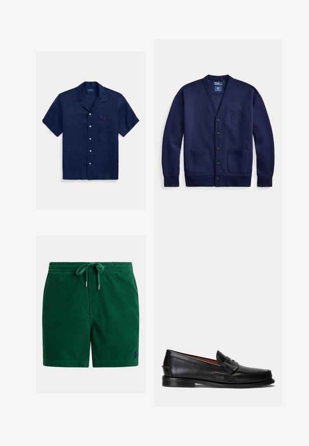 Marineblauer Cardigan mit Knopfleiste vorne, zwei Taschen und gesticktem Wappen auf der linken Brust, beschriftet Polo von Ralph Lauren.; Marineblaues Leinenhemd mit kurzen Ärmeln, einem Camp-Kragen, einer Brusttasche, weißen Knöpfen und einem rot bestickten Logo auf der Brust.; Grüne Cord-Shorts mit elastischem Bund und Kordelzug, mit kleinem besticktem Logo am unteren linken Bein.; Schwarzer Lederloafer mit niedrigem Absatz und Pennyriemendetail, von der Seite auf hellgrauem Hintergrund gezeigt.