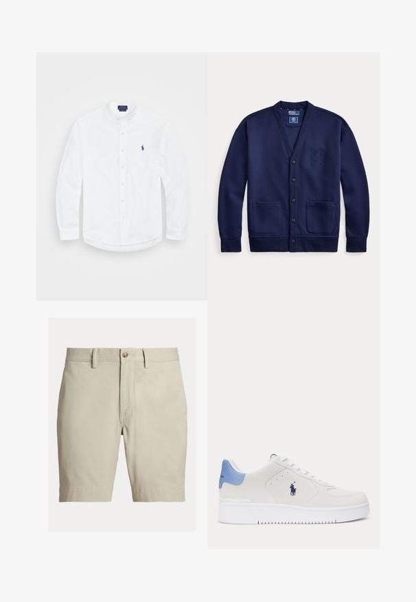 Tmavomodrý kardigán s gombíkmi vpredu, dvoma vreckami a vyšívaným erbom na ľavej hrudi, označený Polo by Ralph Lauren.; Biela košela s dlhým rukávom a prehnutým golierom, s predným zapínaním na gombíky a modrým logom na ľavej strane. Vyrobená z hladkej bavlnenej látky.; Béžové šortky po kolená s pútkami na opasok, zapínaním na gombík a zipsom, zobrazené na bielom pozadí.; Nízky biely teniska s modrou pätovou záložkou, bielymi šnúrkami a tmavým logom koňa a jazdca na boku, zobrazená zo strany.