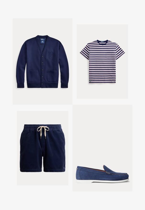 Marineblå cardigan med knapper foran, to lommer og broderet våbenskjold på venstre bryst, mærket Polo by Ralph Lauren.; T-shirt med vandrette striber i pink og navy, rund hals, korte ærmer og en lille brystlomme. Stoffet er glat bomuld.; Marineblå manchestershorts med snørelukning i taljen, cremefarvede detaljer, sidelommer og en lille logo på den nederste kant.; Blå ruskindsloafer med hvid sål og beige syninger langs den øverste kant vist mod en ensfarvet hvid baggrund.