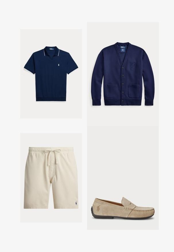Tumesinine kardigan nööpidega ees, kaks taskut ja vasakul rinnal tikitud vapp, sildiga Polo by Ralph Lauren.; Tumesinine polo-särk, mis on valmistatud puuvillast, V-kaelusega, lühikeste varrukatega, valge äärega krae ja varrukate ümber ning väike logo rinnal.; Beezhbeezid meestepüksid, millel on elastne vöökoht ja nöör, alumisel vasakul jalal väike tume logo.; Bež sueded loafers, mille õmblustega detailide, lame kummitald ja väike logo küljel. Klassikaline libisev disain, pehme tekstuur.