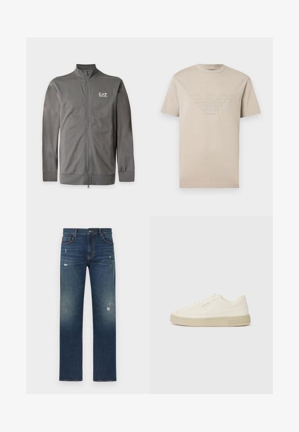 Grijze EA7 Emporio Armani jas met rits, lange mouwen en een opstaande kraag, afgebeeld op een effen achtergrond.; Beige T-shirt met korte mouwen, met een gestikte adelaar-logo en de initialen "GA" centraal op de borst.; Blauwe spijkerbroek met een rechte pijp, voorzien van lichte slijtage en vervaging, vijf zakken en een knoopsluiting in de taille.; Witte canvas sneakers met een gestructureerde rubberen zool, featuring een gestikte neuskap en logo-accent op de hak. Eenvoudig vetersluiting ontwerp.