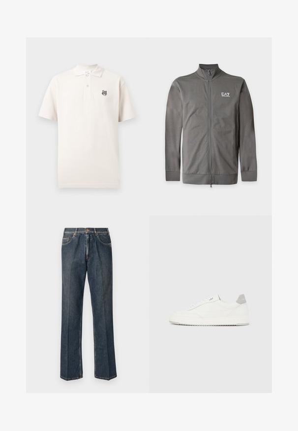 Γκρι ζακέτα EA7 Emporio Armani με φερμουάρ, μακριά μανίκια και όρθιο γιακά, παρουσιασμένη σε απλό φόντο.; Κοντομάνικο κρεμ πόλο πουκάμισο με δύο κουμπιά και ένα μικρό κεντημένο κεφάλι λύκου στην αριστερή πλευρά του στήθους.; Σκούρες μπλε τζην παντελόνες σε ίσια γραμμή με μπροστινό κουμπί, φερμουάρ, διπλές μπροστινές τσέπες και εμφανείς κατακόρυφες πτυχώσεις κατά μήκος των ποδιών.; Λευκό αθλητικό παπούτσι χαμηλού ύψους με γκρι ταμπ εφφέ στη φτέρνα, λευκά κορδόνια και υφή στη σόλα, απεικονιζόμενο σε απλό ανοιχτόχρωμο φόντο.